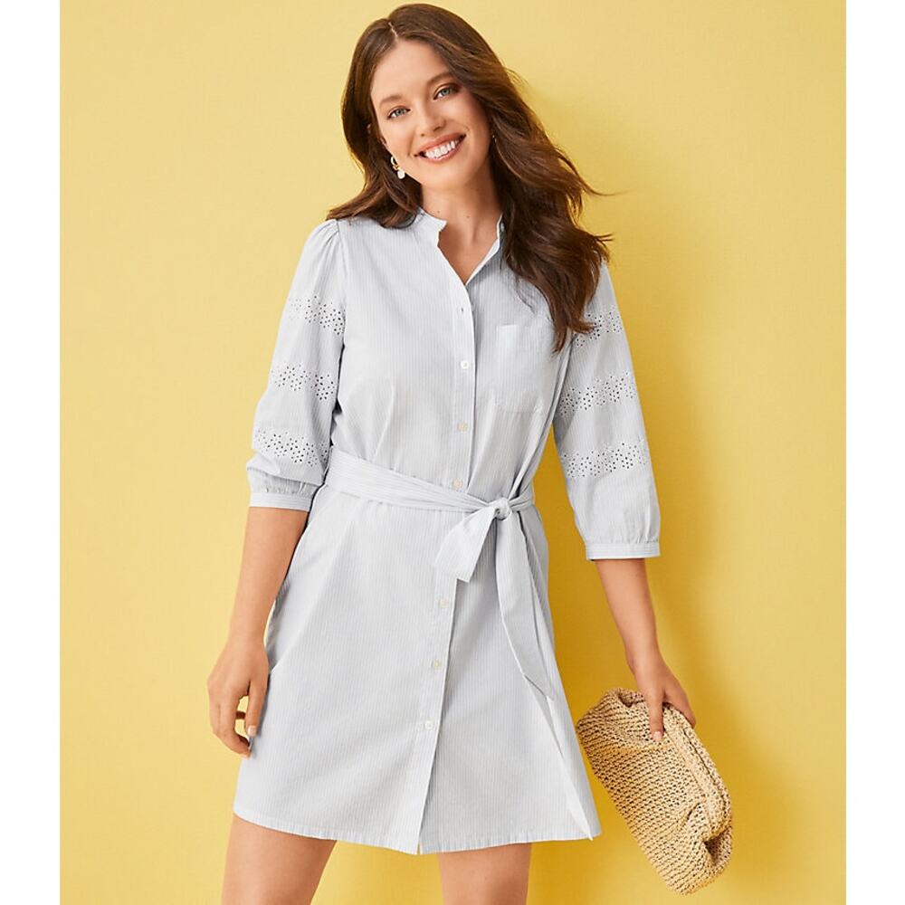 LOFT Blue Stripe Embroidered Eyelet Cotton Mini Shirtdress Size Large - Picture 4 of 15
